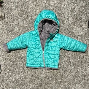 Teal Hooded Puffer reversible puffer Jacket with soft Gray Lining